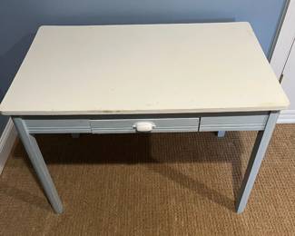 R112 - $100. Shabby Chic Antique Desk - all Wood (NOT an enamel top!) Measures 39.5" wide x 23.75" deep x 29.5" tall. Top is painted white and base is light blue. 