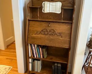 R139 - $325. Antique Larkin Co. Victorian Oak Drop Front Secretary with Bookshelf and Mirror. Beautiful condition! Measures 30" wide x 12" deep x 63" tall. 