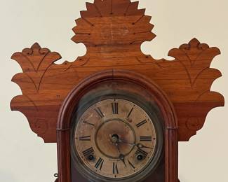 P80 - $40. "Rose" The E. Ingraham Co. Bristol CT. Gingerbread Case Kitchen Clock.  Measures 14.5" wide x 5" deep x 21.5" tall. Includes key - currently not working. 
