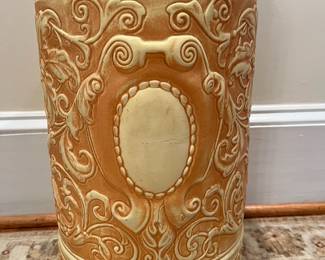 R136 - $40. Pottery Umbrella Stand. Has significant repair. See photos. (Weller or Robinson) 