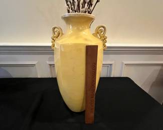 P65 - $95. Japanese Pottery Vase with Slip Trailing Moriage. Open Handles. Measures 9.5" x 16" tall. Excellent Condition. 