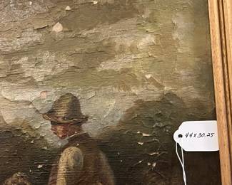 P40 - $325. Large Antique Original Painting of a Pastoral Scene with Shepherd, Dog and Flock of Sheep. Signed E. Kirby. Measures 44" x 30.25" framed. Shows its age with some flaking pieces and one small hole (middle left)