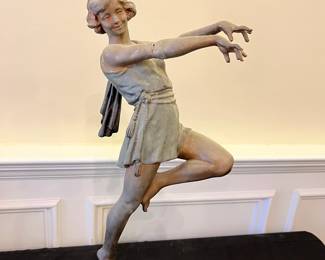 R158 - $150. Emile Carlier Art Deco Bronze Dancer Lamp. Needs to be rewired. Her right arm has been repaired. Measures 9" x 25.5" tall. *Needs* to be rewired - can not be used as is. Stamped under her dress Made in France. 