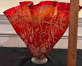 P48 - $75. P. Bendzunas Art Glass Bowl. Measures 14" at the widest x 12" tall. 