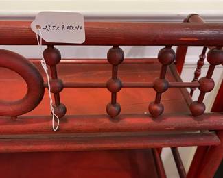 R156 - $150. Dainty Antique! Red Bamboo & Wood Etagere Bookcase.  (Sturdy and very functional but it is old and has some wiggles) Measures 23.5" wide x 9.75" deep x 47" tall. 