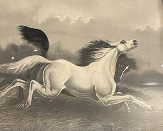 P45 - $60. Antique "Wild Horses" Print in frame with copper horse shoes & bit. 1908 J Hoover. Measures 25.75" x 21.75" framed. 