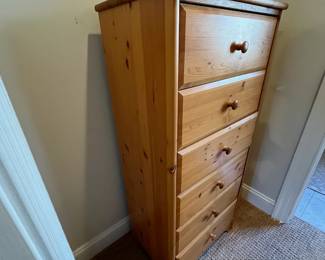 P85 - $85. Pine Lingerie Chest. 6 drawers all slide easily! Does show some surface wear but fully functional! Measures 22.75" wide x 15.75" deep x 49.5" tall. 