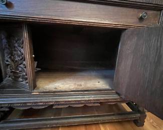 R154 - $125. Small Buffet / Liquor Cabinet by JB Van Sciver Co. Camden NJ. Solid Wood. Measures 40.5" x 19.5" x 36" tall. A cleaner spilled down the front and discolored a few places. Perfectly functional as it is or a great project piece! Drawer slides easily and door opens for storage. 