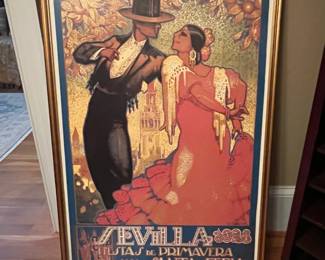 P8 - $45. Framed Poster for Sevilla Spain. "Sevilla Fiesta De Primavera Semana Santa Y Feria" artist J. Parrilla. Measures 25.5" x 37". Gold Frame - non reflective glass. 