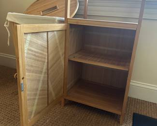 R114 - $45. 2 Piece Bamboo Bathroom Set. Hamper & Shelf. Looks very pretty but it is a dainty set. Hamper is 23" tall. Shelf is 16" wide x 13" deep x  42" tall. 