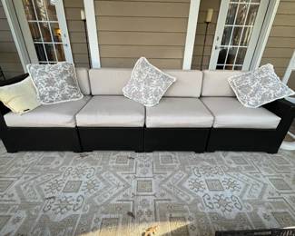 R165 - $225. Couch is in 4 pieces with Sunbrella Cushions. See photo for measurements. Used on covered screened in porch. 