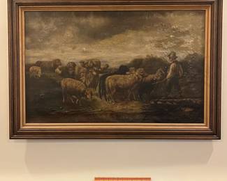 P40 - $325. Large Antique Original Painting of a Pastoral Scene with Shepherd, Dog and Flock of Sheep. Signed E. Kirby. Measures 44" x 30.25" framed. Shows its age with some flaking pieces and one small hole (middle left)