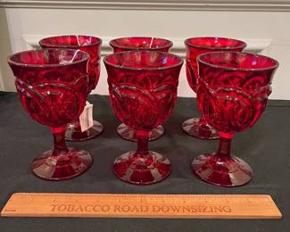 R241 - $65. Ruby Double Ring Goblet by Wright Glass. Set of 6. 