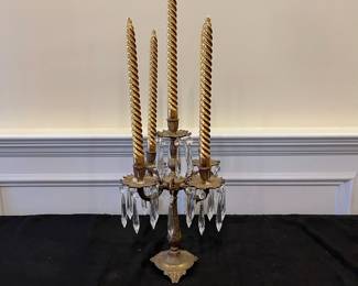 R140 - $65. Single Bronze Candelabra (likely French?) with glass prisms. Measures 9" square x 14.5" tall with no candles. 