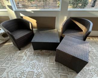 R166 - $150. 4 Piece Set. 2 Chairs & Ottoman & Square Table. Measures 26" wide x 24" deep x 26.75" floor to top of back. No cushions included. Tables are 20" square x 17.25" tall and 27.25" square x 13.25" tall. 