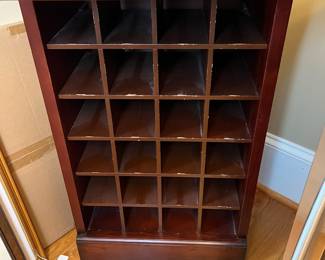 R133 - $65. Bar Cabinet with storage for wine, glasses & accessories. Single Drawer. Measures 18" wide x 13.5" deep x 70" tall. 