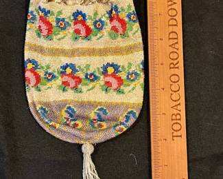 R141 - $55. Antique Microbeaded Purse. Silk Lining needs replaced. Beading and strings all seem strong. 