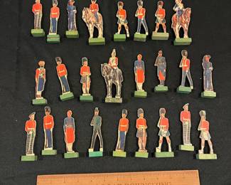 R179 - $30. 1950s Card Soldiers with Green Wood Stands "Chad Valley".  25 pieces. (quite rare) 