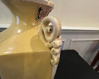 P65 - $95. Japanese Pottery Vase with Slip Trailing Moriage. Open Handles. Measures 9.5" x 16" tall. Excellent Condition. 