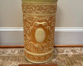 R136 - $40. Pottery Umbrella Stand. Has significant repair. See photos. (Weller or Robinson) 