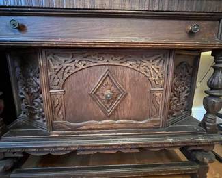 R154 - $125. Small Buffet / Liquor Cabinet by JB Van Sciver Co. Camden NJ. Solid Wood. Measures 40.5" x 19.5" x 36" tall. A cleaner spilled down the front and discolored a few places. Perfectly functional as it is or a great project piece! Drawer slides easily and door opens for storage. 