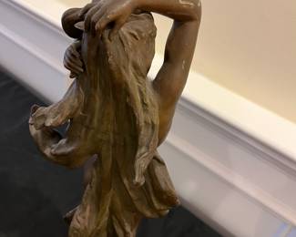 P64 - $125. Antique La Vague Par Moreau Lady Statue with Wooden Base painted with marbled look. Plaque on the bottom reads - "La Vague Par Hip. Moreau". Measures 20" tall. (I believe it is Spelter with bronze paint)