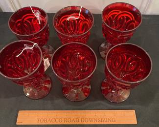 R241 - $65. Ruby Double Ring Goblet by Wright Glass. Set of 6. 