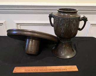 R196 - $60. 2 Piece Bronze Floral Usubata. Measures 12" across x 11.5" tall. 