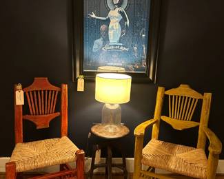 Aretha Franklin Queen of Soul Framed Poster, Hand-made wooden chairs & Memphis #1 Denture maker in the 40's workstool