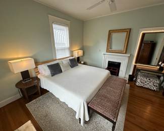 KING Bed, Kilim Bench, Huge Gold Picture Frame, Giant Lighted "Vanity" Mirror