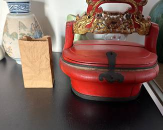 Vase $60.00, Red Asian Style lidded wooden piece $45.00