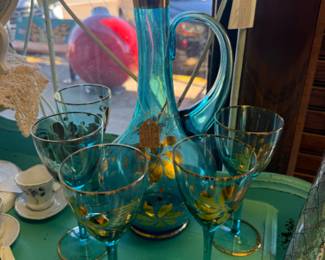 vintage aqua blue Bohemian glass decanter set with gold floral details