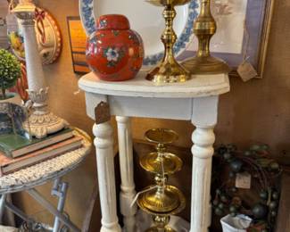 side table, brass candlesticks
