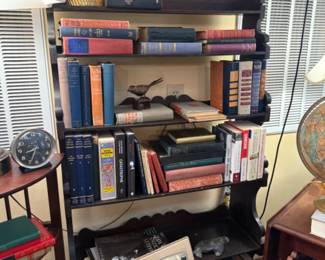 Beautiful dark solid wood book shelf with varied shelf sizes & detail carved edges 