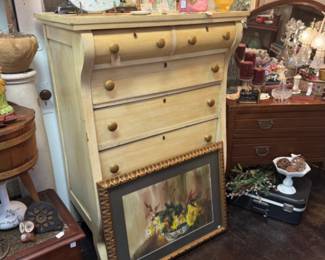 dresser, framed art, lamps, vanity