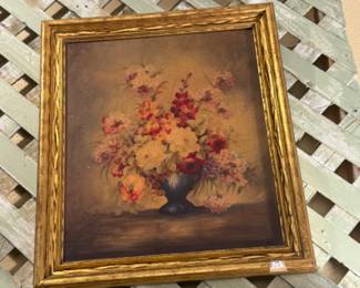 Vintage floral still life oil painting in gilt frame 