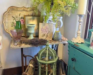 floral tray, wood birdhouse, dresser