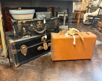 Vintage Black Trunks with handles and latches & vintage brown toned leather suitcase with handle 