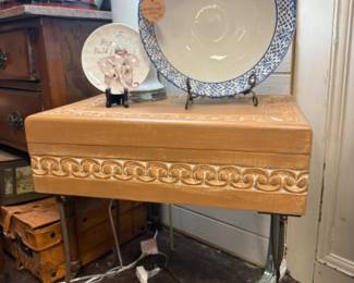 Small solid wood carved side table with inside storage with wrought iron legs  
