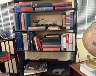 Beautiful dark solid wood book shelf with varied shelf sizes & detail carved edges 