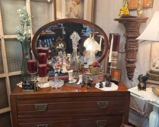 vintage vanity with swivel mirror, candles, figurines and more