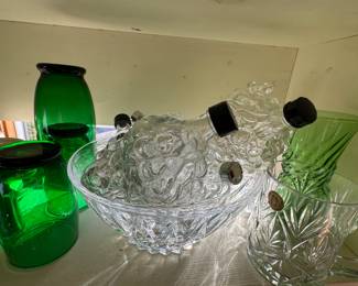 Vintage Emerald Green Glass Jars + Crystal Punch Bowl & Cut Glass Pitcher (Mixed Lot)