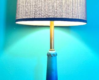 Blue Ceramic Table Lamp with Drum Shade – Mid-Century Style