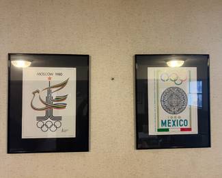 Framed posters from 1980 and 1968 Olympic Games