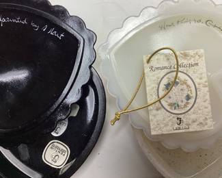 (2) FENTON HEART SHAPED TRINKET BOXES, SIGNED & HAND PAINTED, BLACK ROSE GARDEN, OPALESCENT ROMANCE COLLECTION