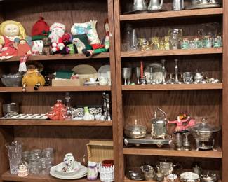 CHOICE OF SHELF, PEWTER, SILVER PLATE, RAG DOLLS, AND COLLECTIBLES