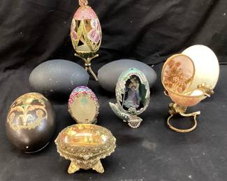 (9) ASSORTED VTG. FABERGE STYLE DECORATIVE EGGS, NOT YET DECORATED PLAIN OSTRICH EGGS, BEDAZZLED ACCENTS, FLORAL PAINTED, LOVE COUPLE DIORAMA, SOME HINGES ON THE TOPS NEED REPAIR, EACH ONE OF A KIND NO SHIPPING PICKUP ONLY