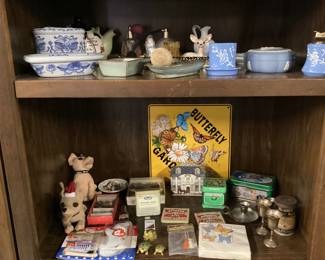 CHOICE SHELF LOT, WEDGEWOOD, VTG. PERFUME BOTTLES, TIN ADVERTISING, DINNERWARE PLATE SET, GLASSWARE, RABBIT FIGURINES