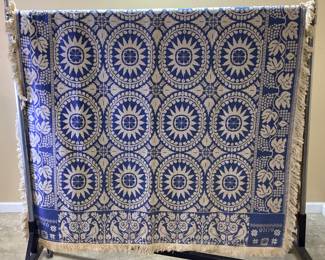 VTG. FIELDCREST JACQUARD STYLE COVERLET, APPROVED FOLK ART ADAPTATION FROM THE ABBY ALDRICH ROCKEFELLER FOLK ART CENTER OF THE COLONIAL WILLIAMSBURG FOUNDATION