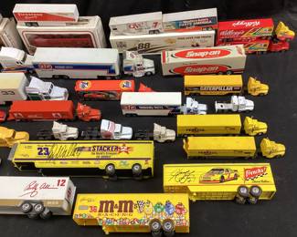 ASSORTED TRANSPORTER HAULER TRUCKS, MATCHBOX, NASCAR,CATERPILLAR, SKITTLES, TARGET, PENZOIL, VALVOLINE